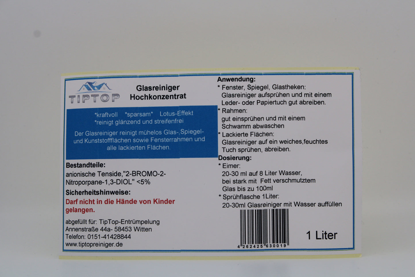 TIPTOP Glasreiniger Hochkonzentrat 1L ergibt bis zu 400 L Glasreiniger