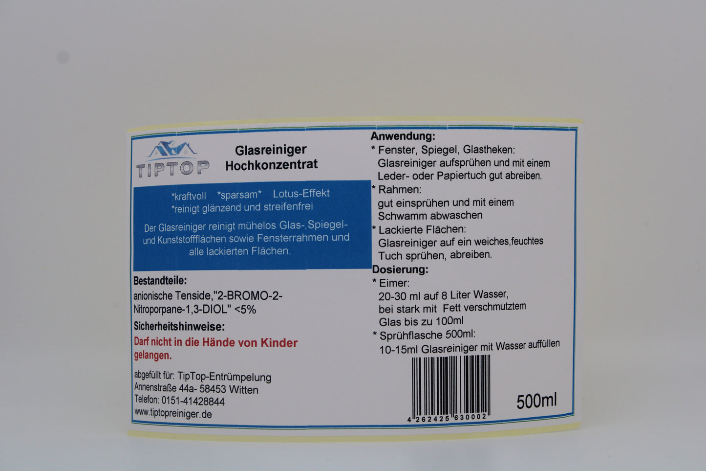 TIPTOP Glasreiniger Hochkonzentrat 500ml ergibt bis zu 200 Liter Glasreiniger