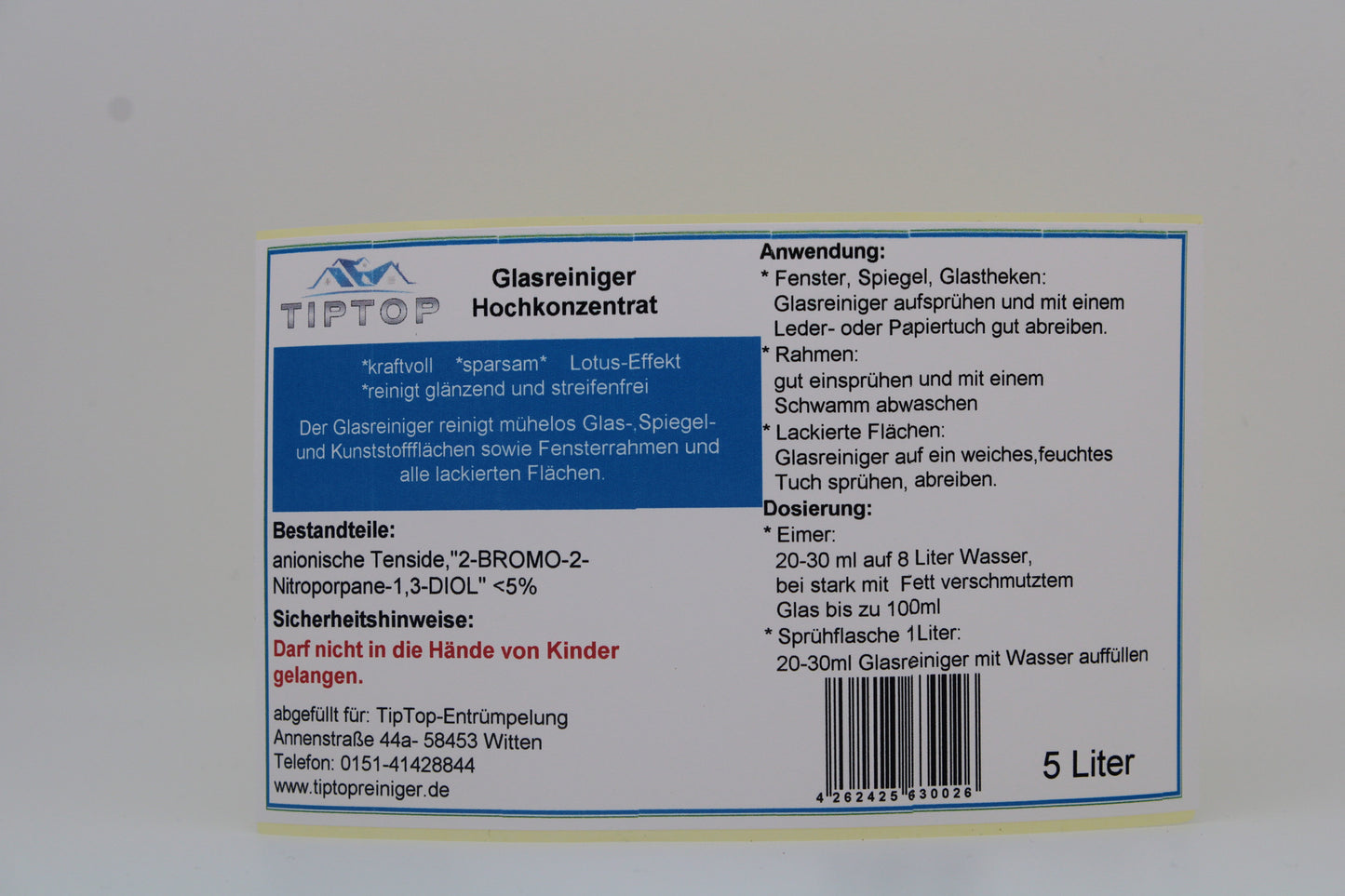TIPTOP Glasreiniger Hochkonzentrat 5L Kanister ergibt bis zu 2000 Liter Glasreiniger