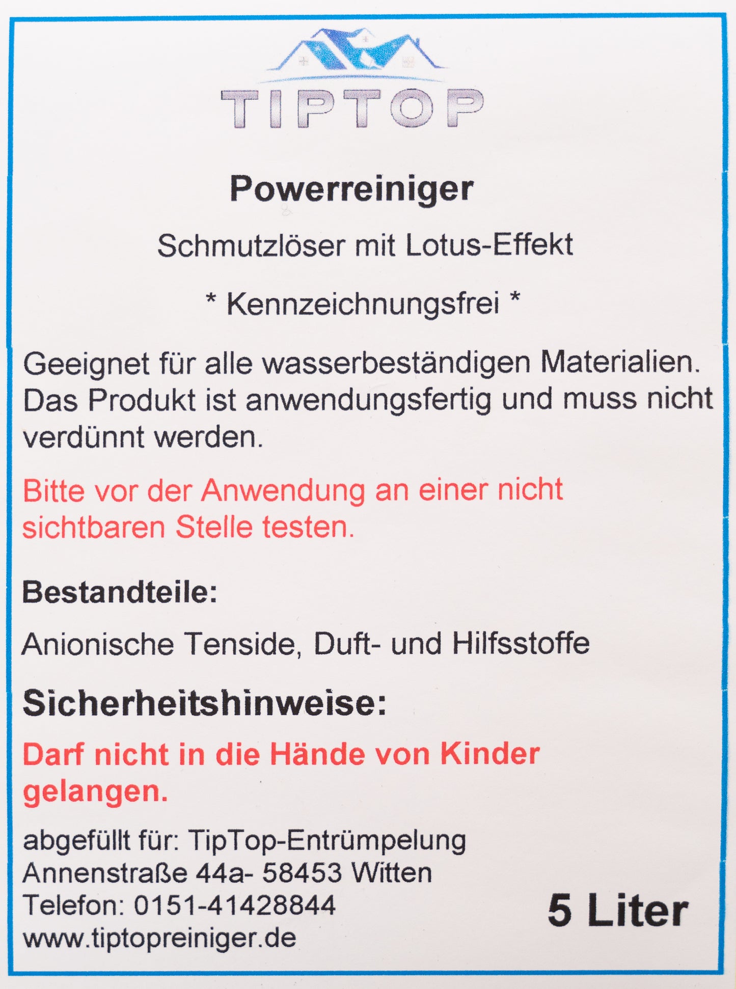 TIPTOP Powerreiniger mit Lotus-Effekt 5 Liter Kanister mit Hahn und 1 Liter Leerflasche