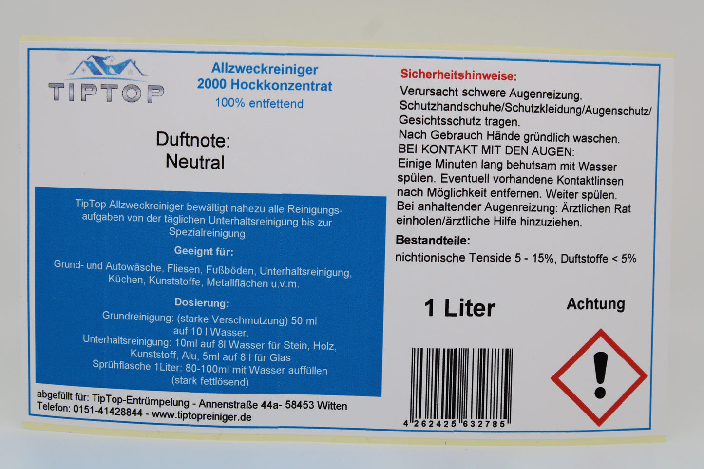 TIPTOP Allzweckreiniger 2000 Konzentrat 1 Liter mit Dosierkopf - Duftnoten zur Auswahl