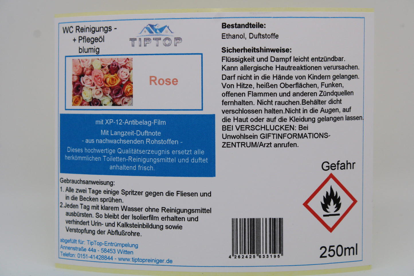 TIPTOP WC Reinigungs- und Pflegeöl - blumig -250 ml - mehrere Duftnoten zur Auswahl