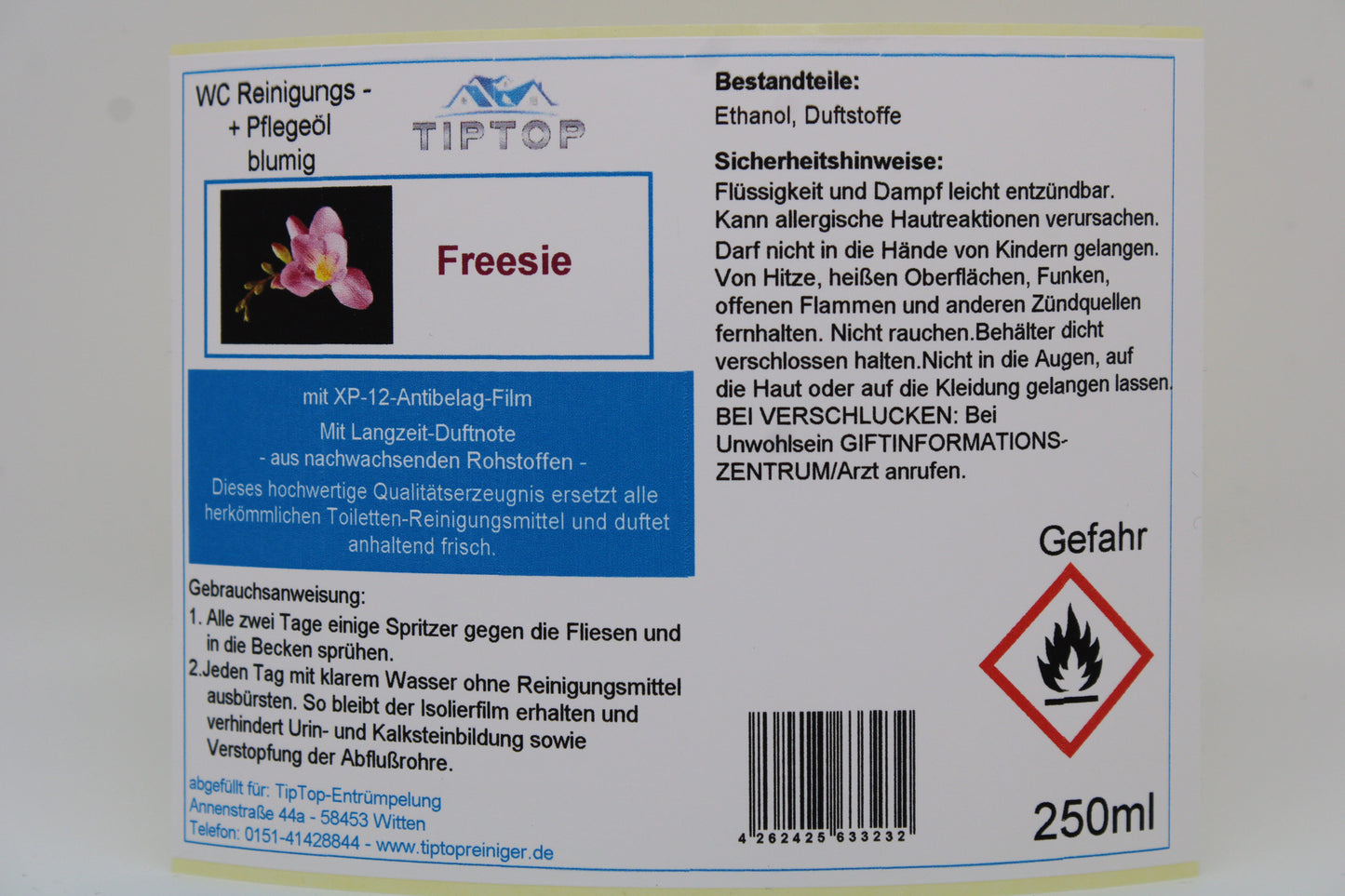 TIPTOP WC Reinigungs- und Pflegeöl - blumig -250 ml - mehrere Duftnoten zur Auswahl