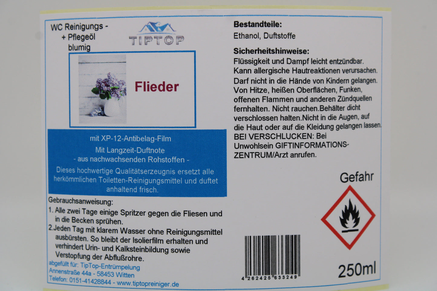 TIPTOP WC Reinigungs- und Pflegeöl - blumig -250 ml - mehrere Duftnoten zur Auswahl
