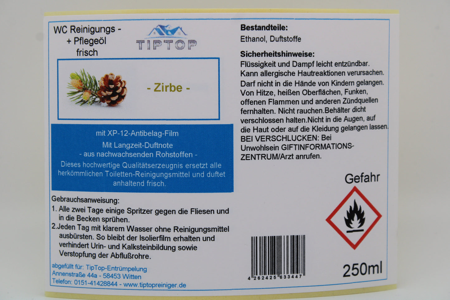 TIPTOP WC Reinigungs- und Pflegeöl - frisch -250 ml - mehrere Duftnoten zur Auswahl