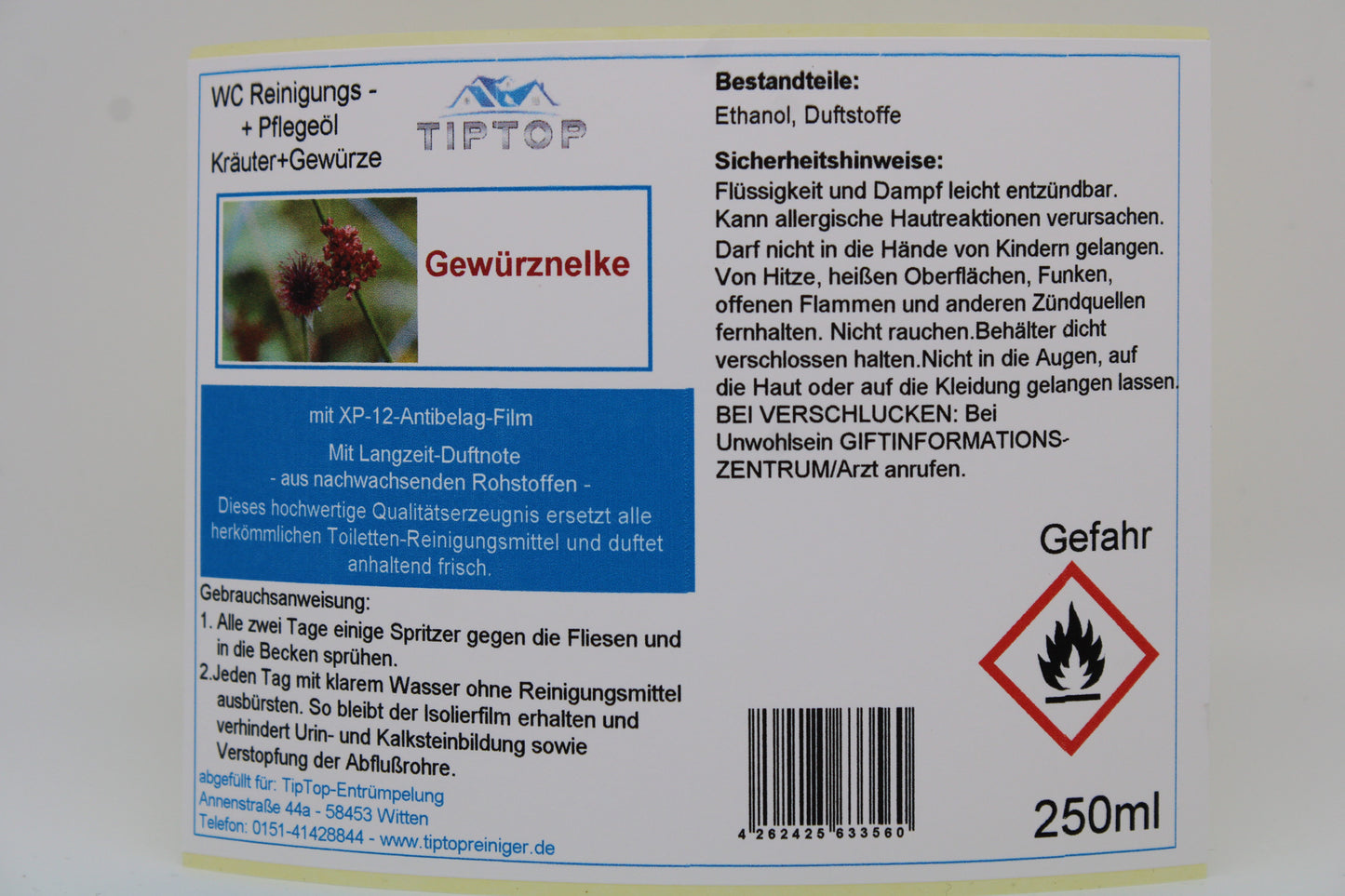 TIPTOP WC Reinigungs- und Pflegeöl - Kräuter und Gewürze -250 ml - mehrere Duftnoten zur Auswahl