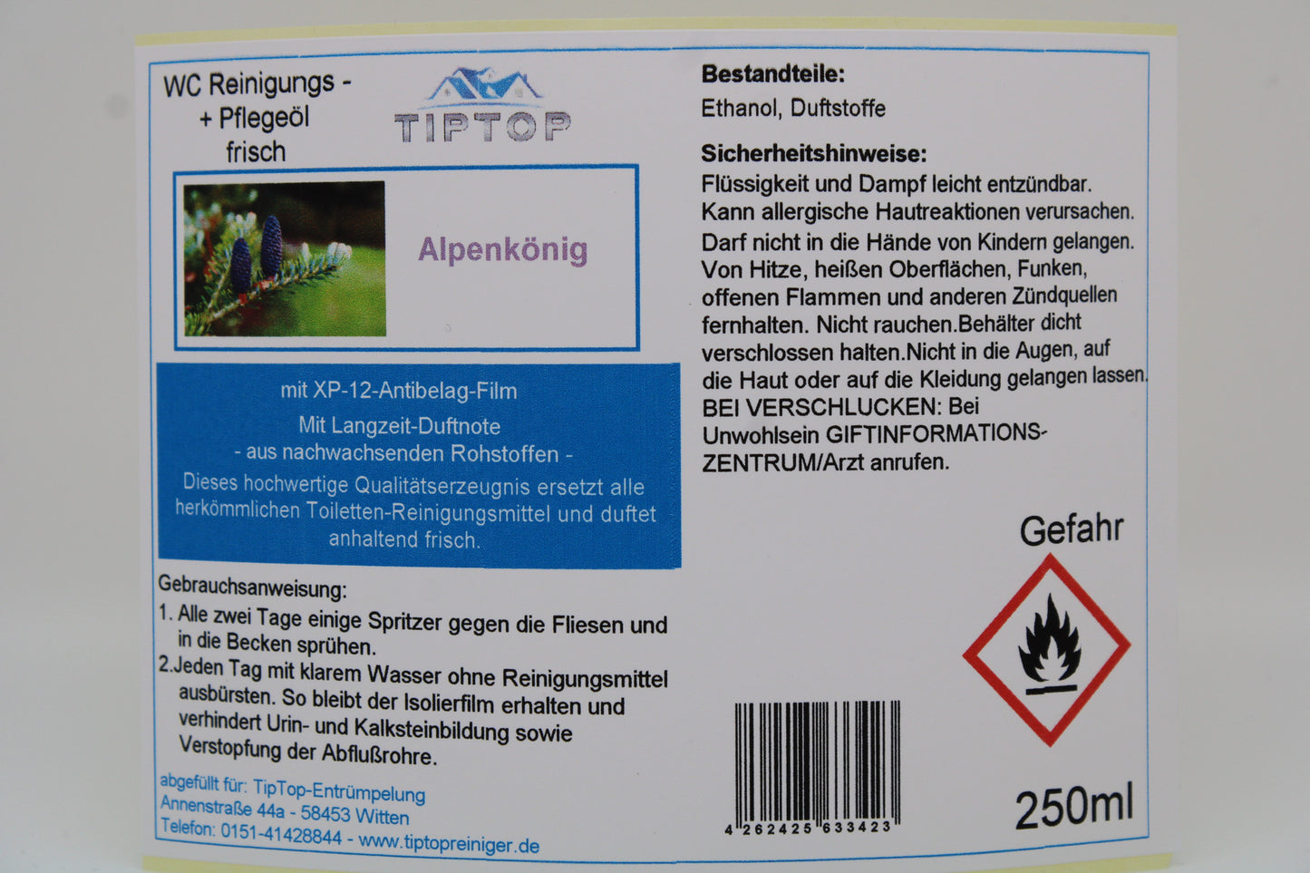 TIPTOP WC Reinigungs- und Pflegeöl - frisch -250 ml - mehrere Duftnoten zur Auswahl