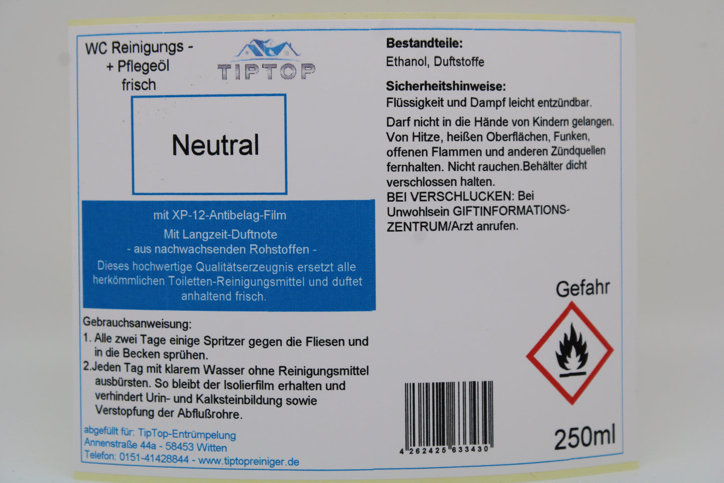 TIPTOP WC Reinigungs- und Pflegeöl - frisch -250 ml - mehrere Duftnoten zur Auswahl