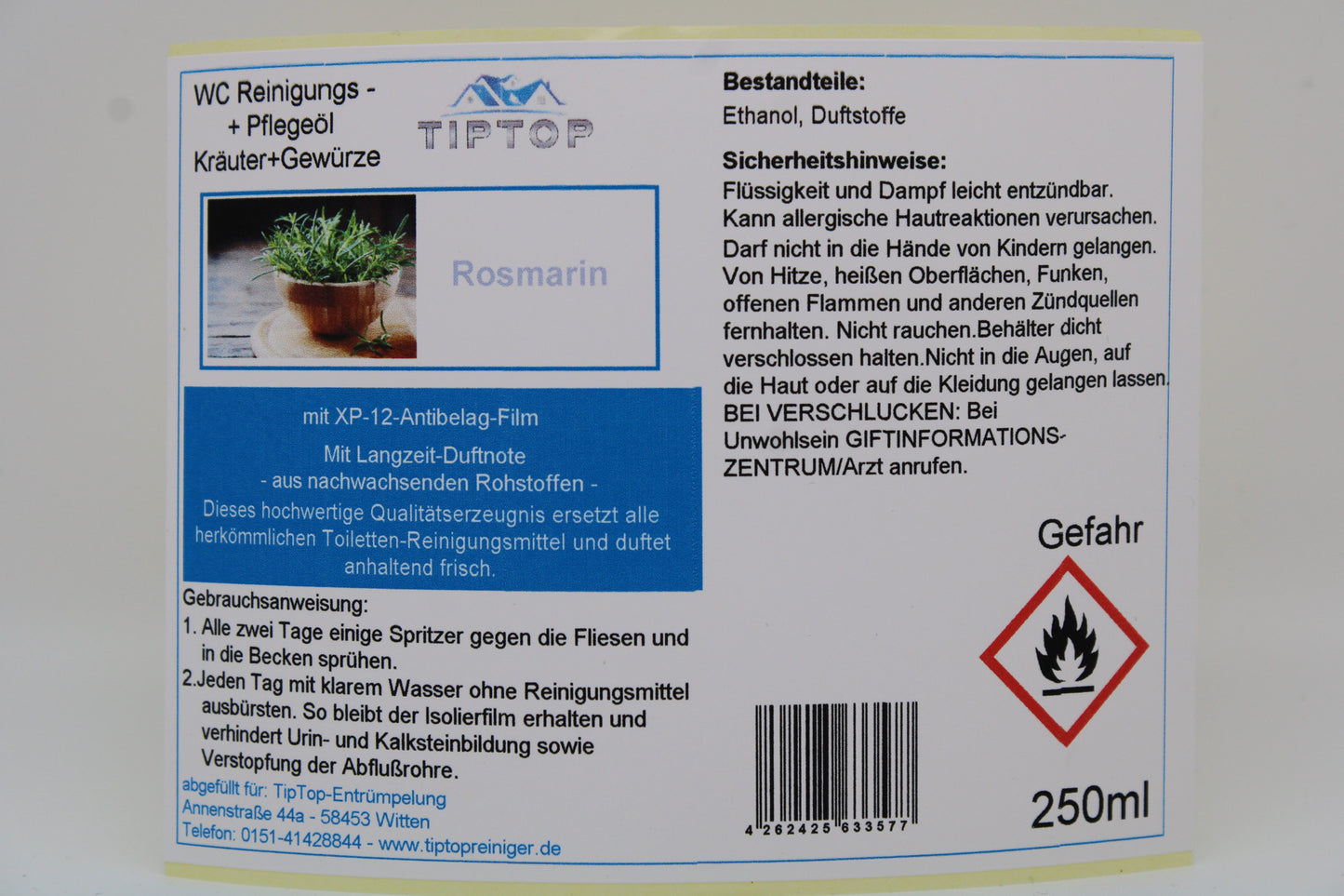 TIPTOP WC Reinigungs- und Pflegeöl - Kräuter und Gewürze -250 ml - mehrere Duftnoten zur Auswahl