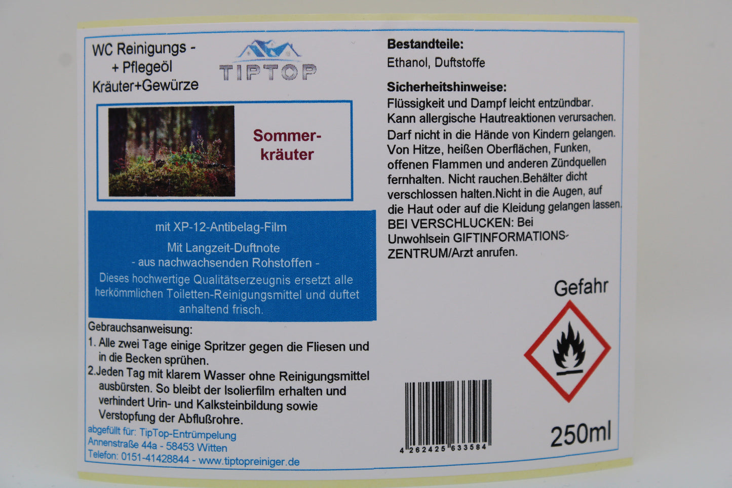 TIPTOP WC Reinigungs- und Pflegeöl - Kräuter und Gewürze -250 ml - mehrere Duftnoten zur Auswahl