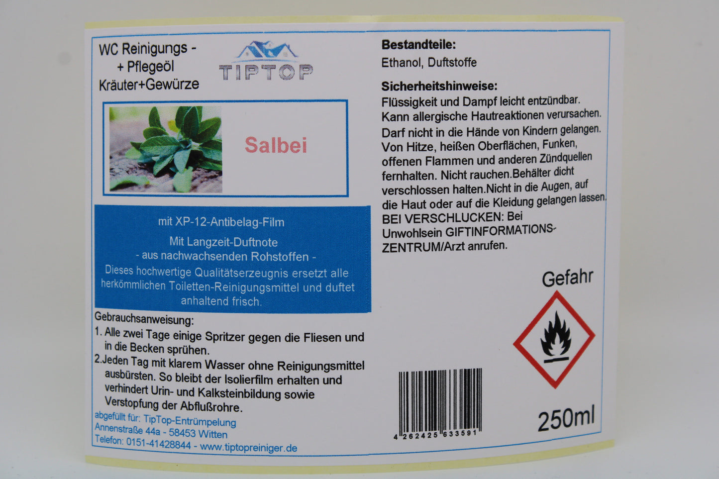 TIPTOP WC Reinigungs- und Pflegeöl - Kräuter und Gewürze -250 ml - mehrere Duftnoten zur Auswahl