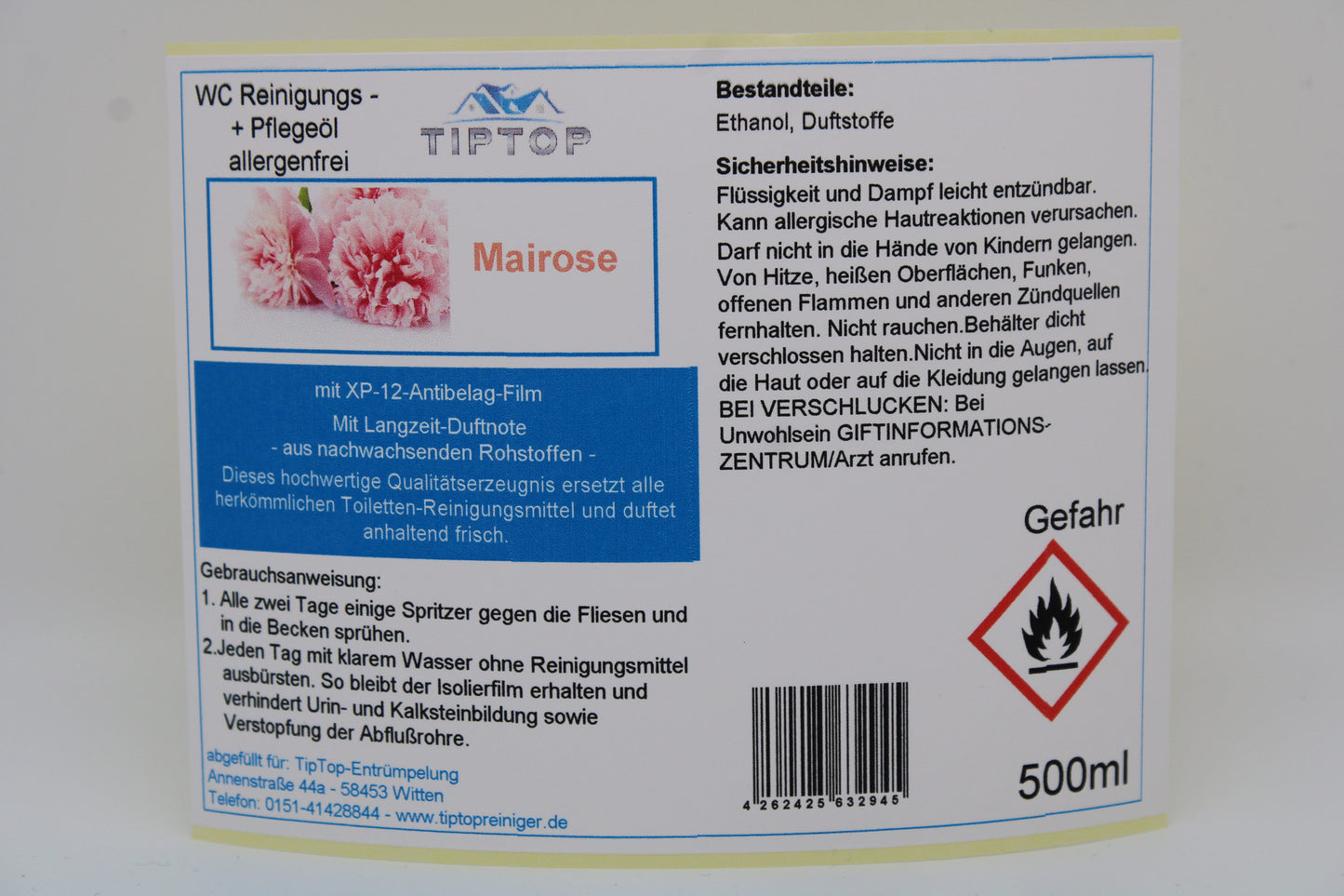 TIPTOP WC Reinigungs- und Pflegeöl - allergenfrei -500ml - mehrere Duftnoten zur Auswahl