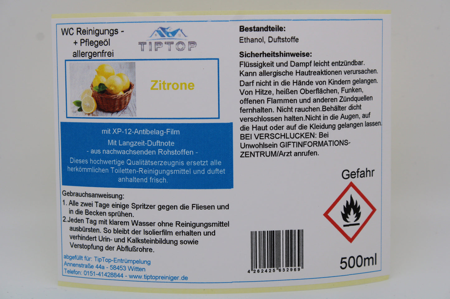 TIPTOP WC Reinigungs- und Pflegeöl - allergenfrei -500ml - mehrere Duftnoten zur Auswahl