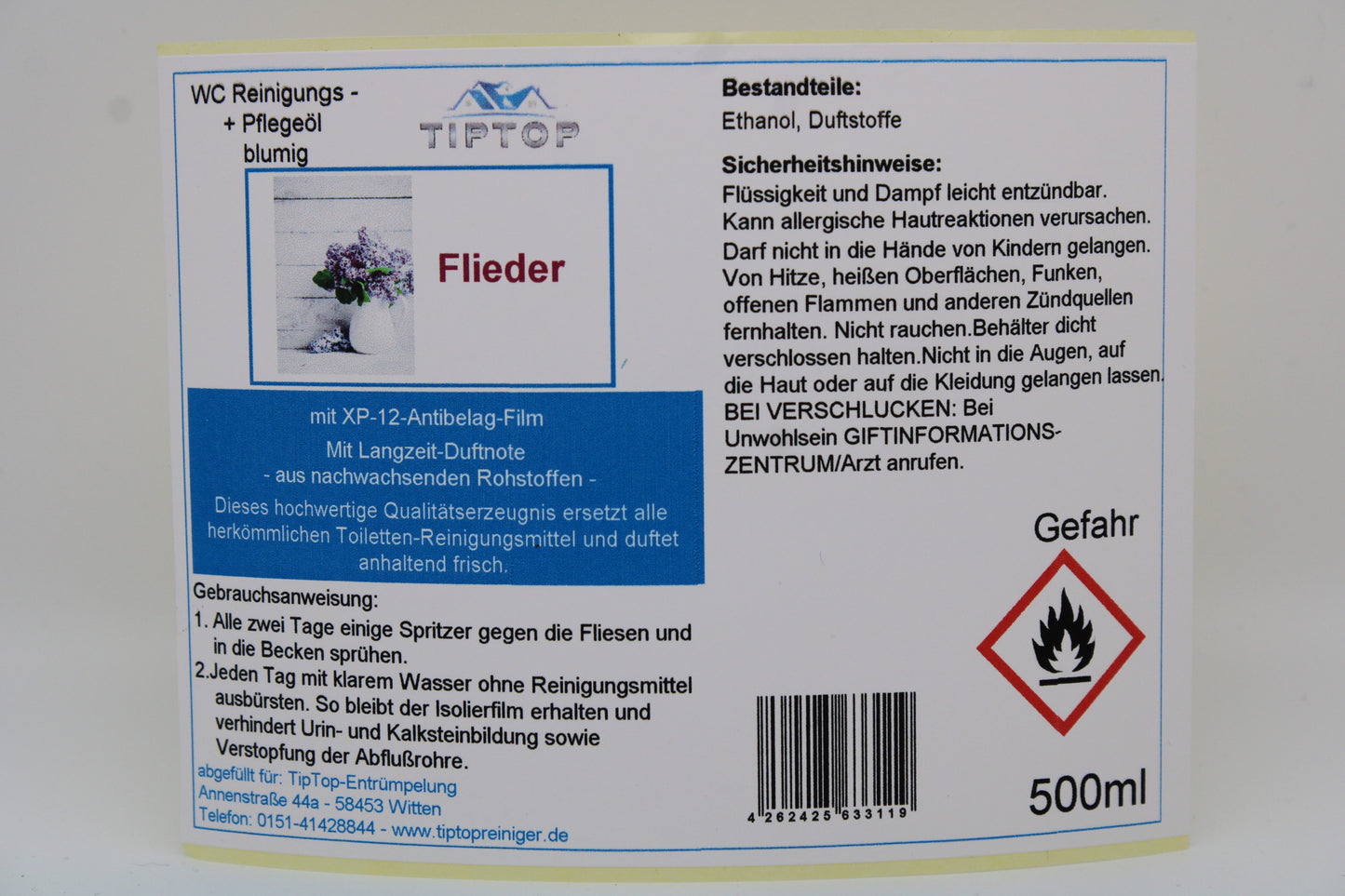 TIPTOP WC Reinigungs- und Pflegeöl - blumig -500 ml - mehrere Duftnoten zur Auswahl