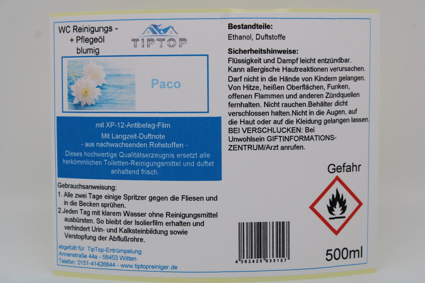 TIPTOP WC Reinigungs- und Pflegeöl - blumig -500 ml - mehrere Duftnoten zur Auswahl