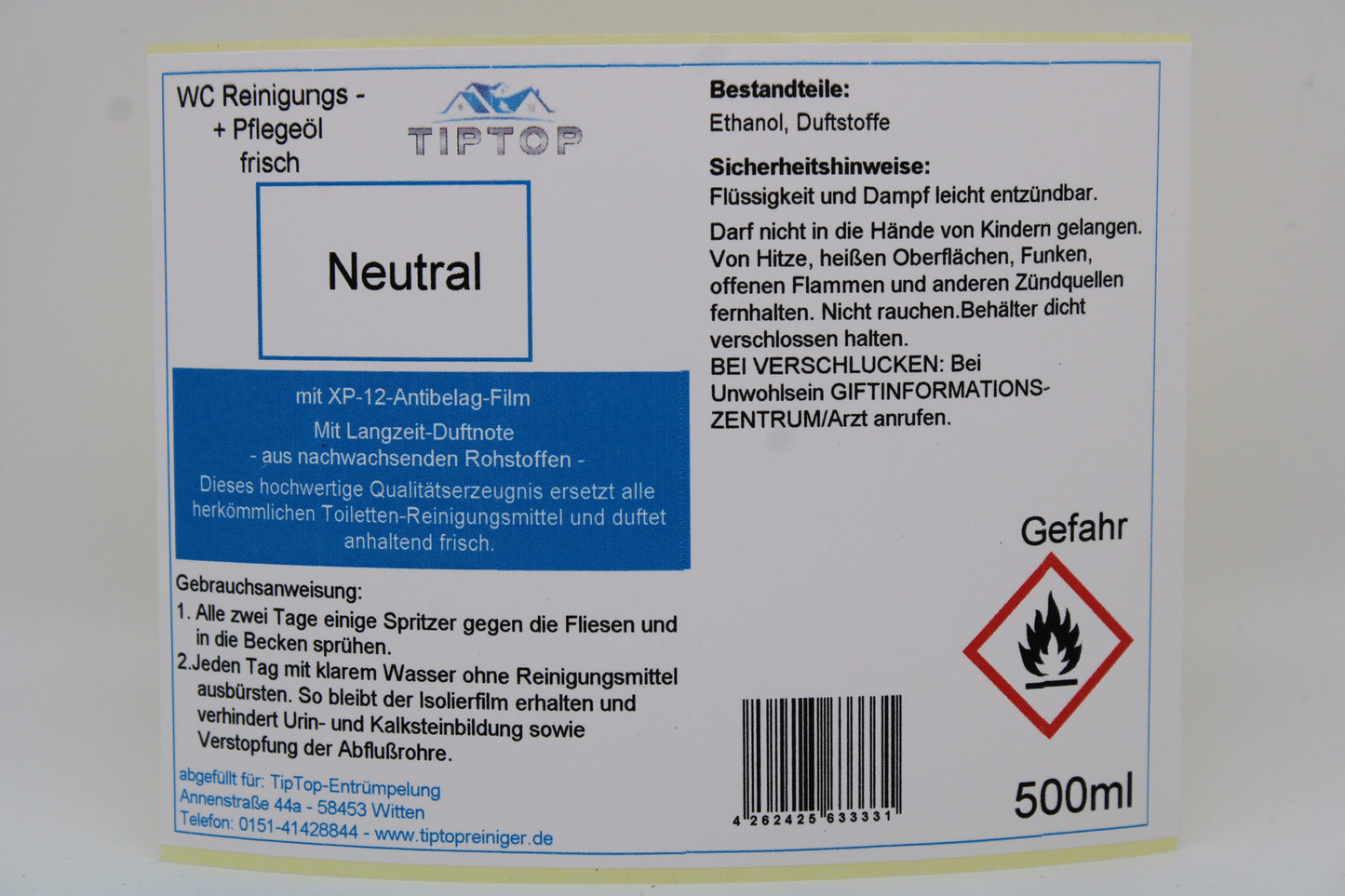 TIPTOP WC Reinigungs- und Pflegeöl - frisch -500 ml - mehrere Duftnoten zur Auswahl