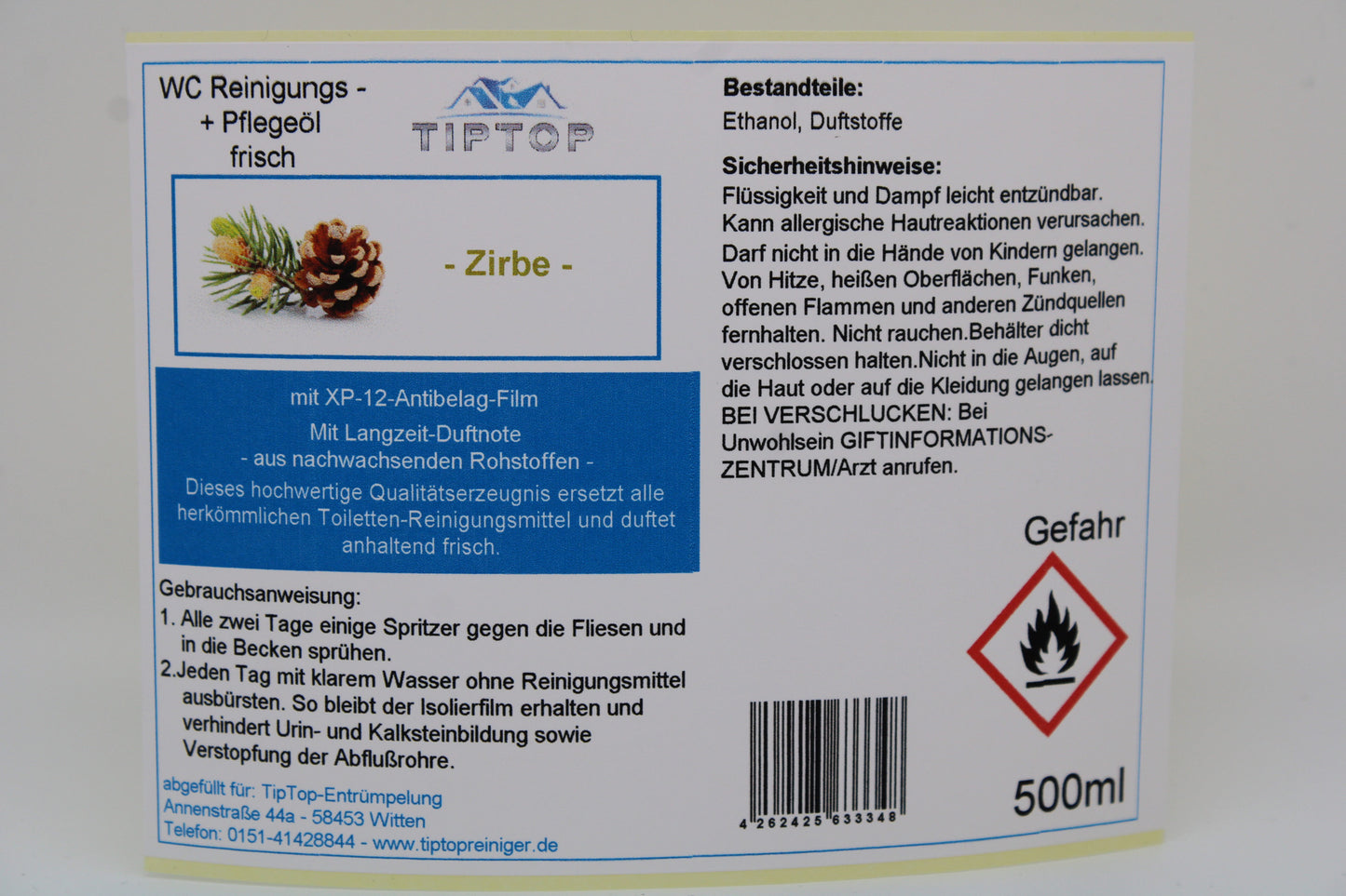 TIPTOP WC Reinigungs- und Pflegeöl - frisch -500 ml - mehrere Duftnoten zur Auswahl