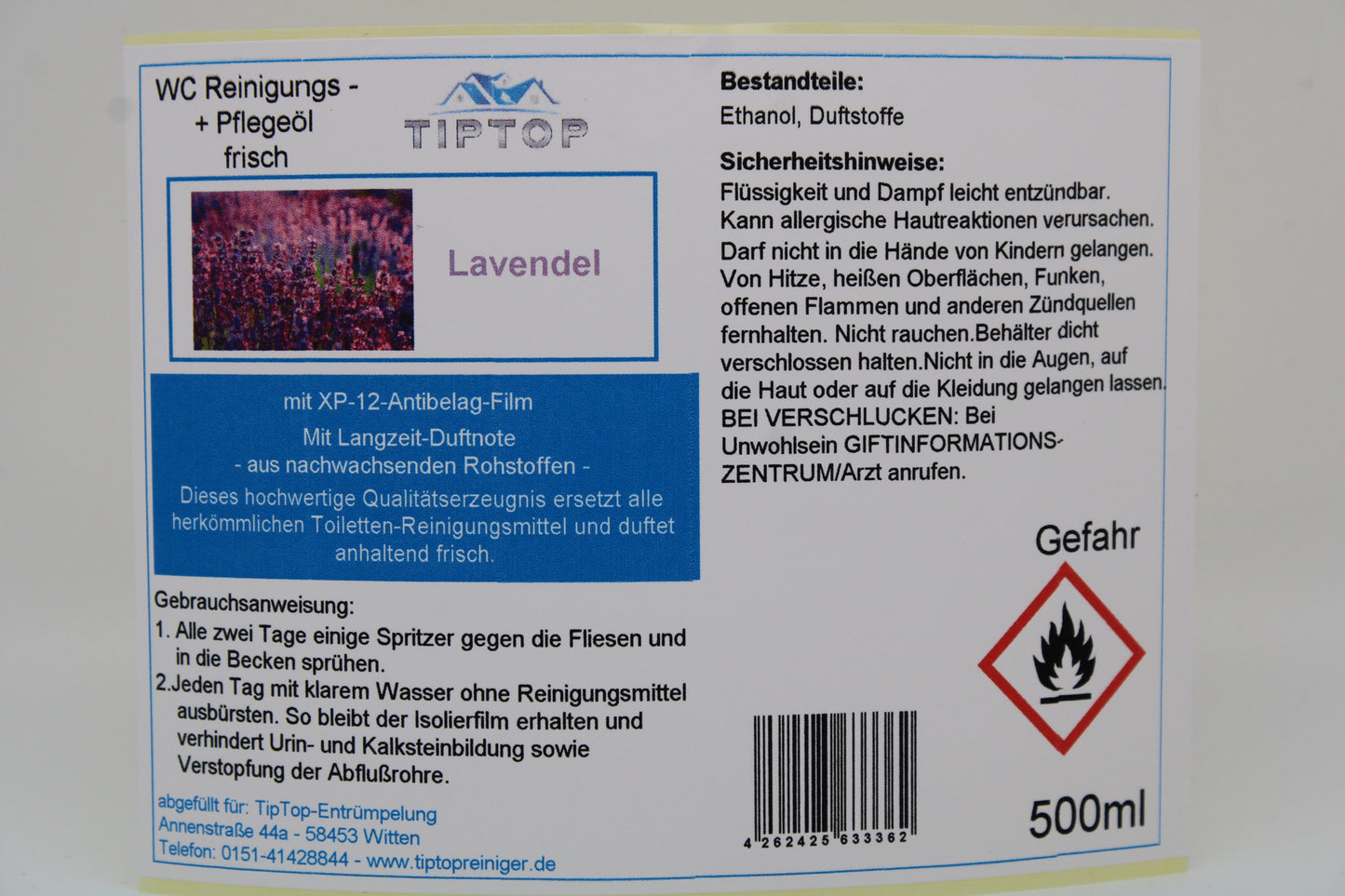 TIPTOP WC Reinigungs- und Pflegeöl - frisch -500 ml - mehrere Duftnoten zur Auswahl