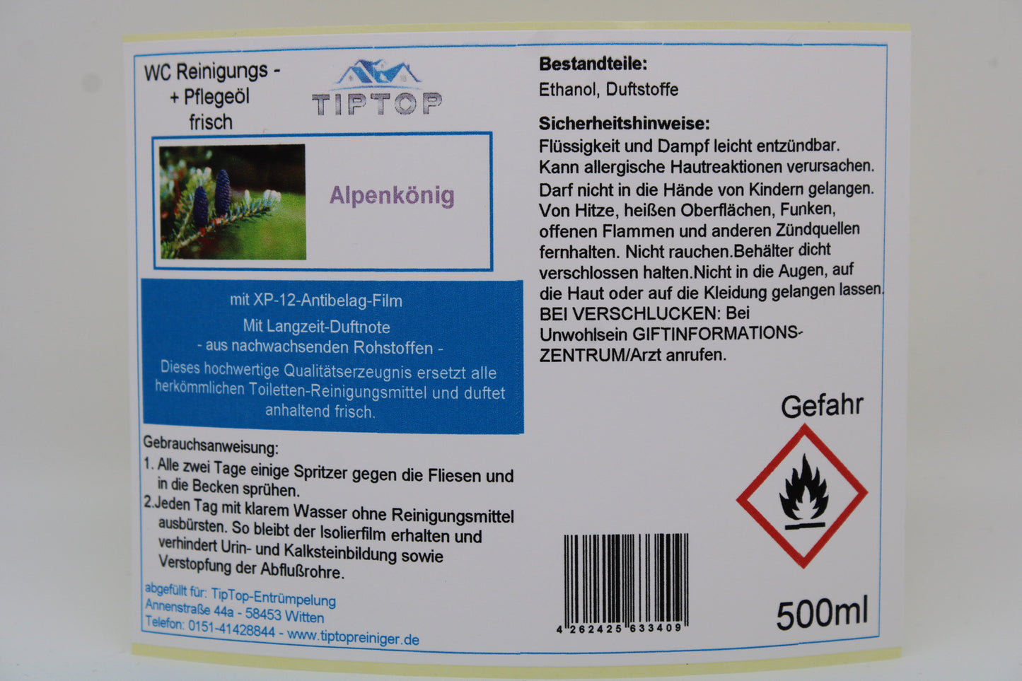 TIPTOP WC Reinigungs- und Pflegeöl - frisch -500 ml - mehrere Duftnoten zur Auswahl