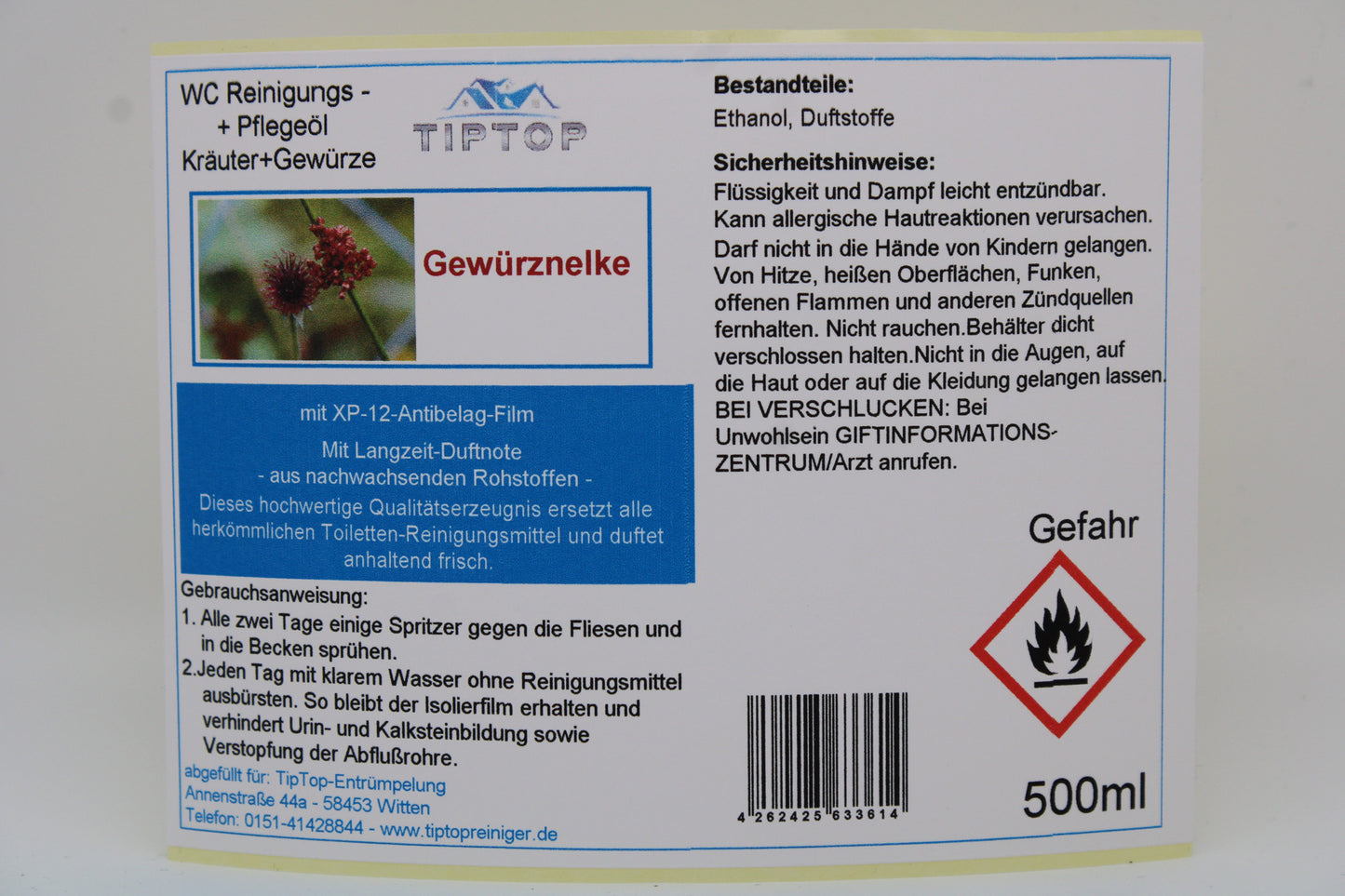 TIPTOP WC Reinigungs- und Pflegeöl - Kräuter und Gewürze -500 ml - mehrere Duftnoten zur Auswahl