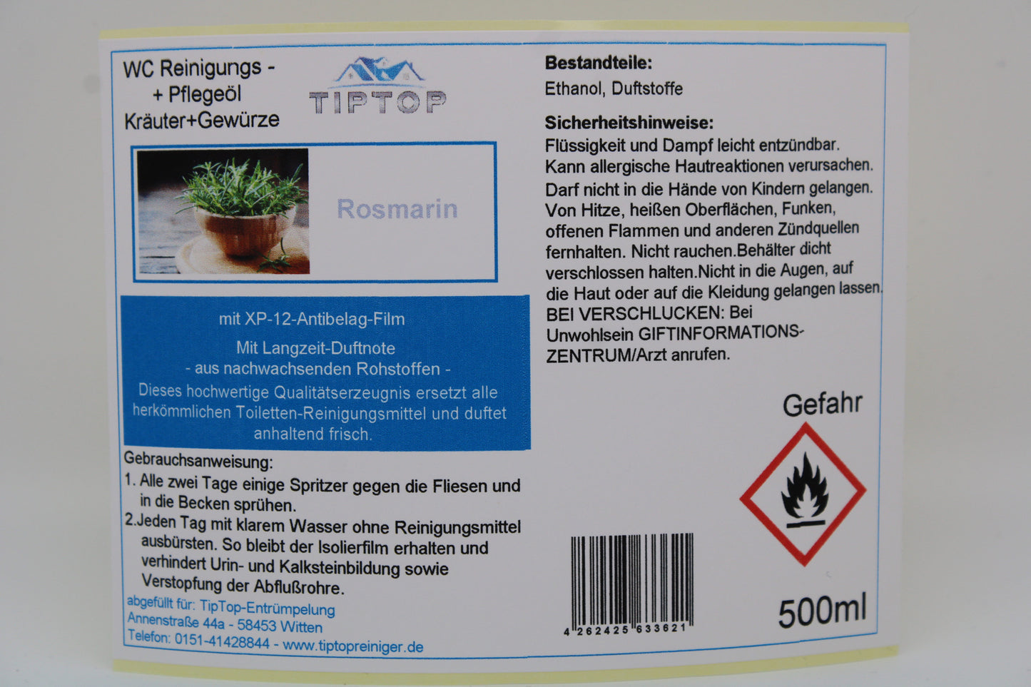 TIPTOP WC Reinigungs- und Pflegeöl - Kräuter und Gewürze -500 ml - mehrere Duftnoten zur Auswahl