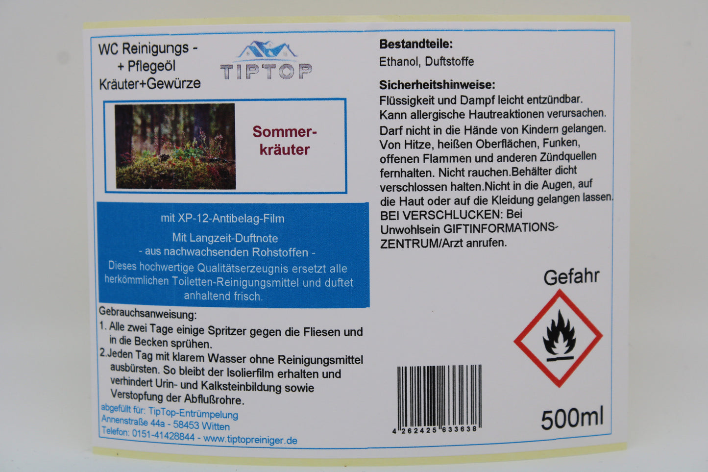 TIPTOP WC Reinigungs- und Pflegeöl - Kräuter und Gewürze -500 ml - mehrere Duftnoten zur Auswahl