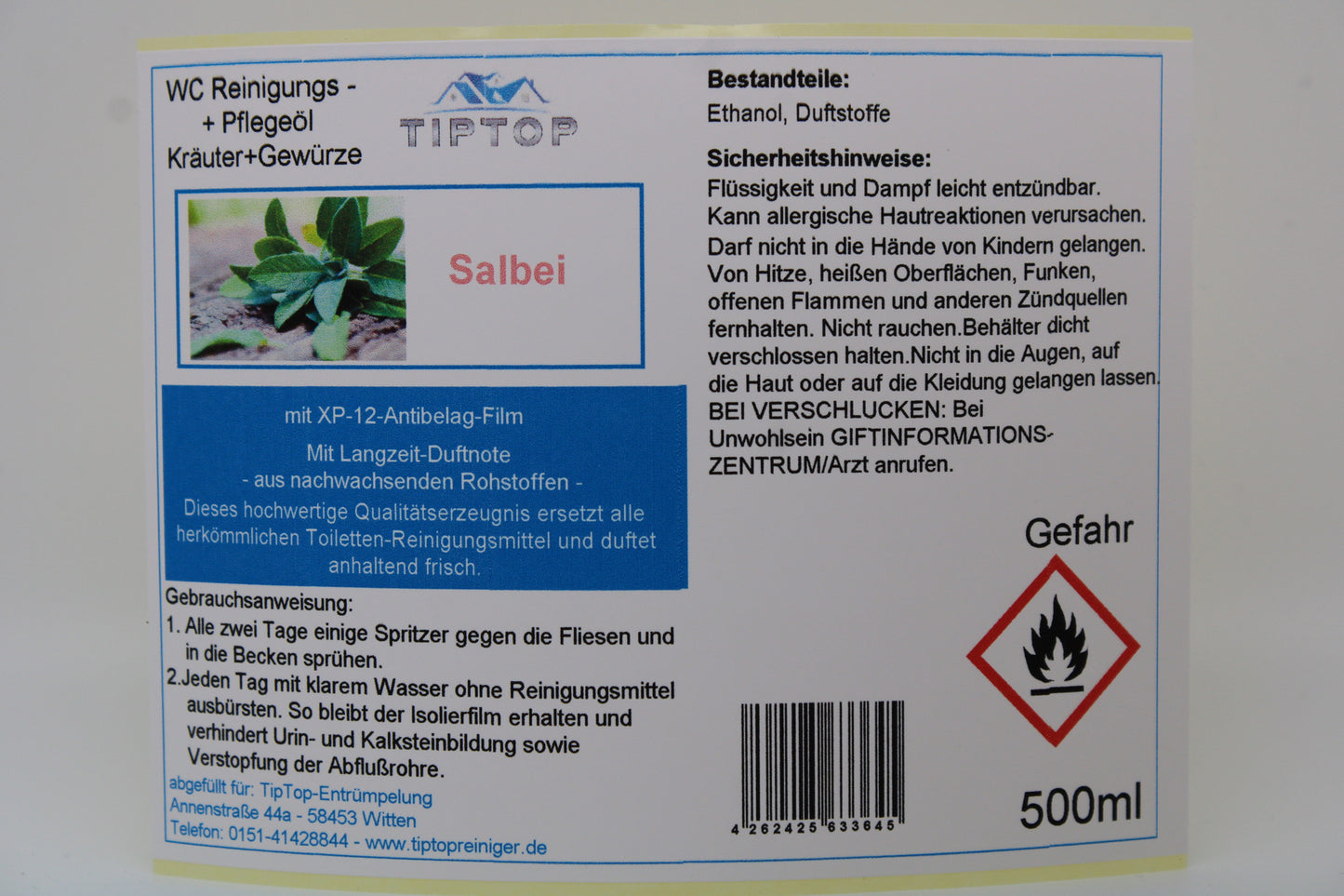 TIPTOP WC Reinigungs- und Pflegeöl - Kräuter und Gewürze -500 ml - mehrere Duftnoten zur Auswahl