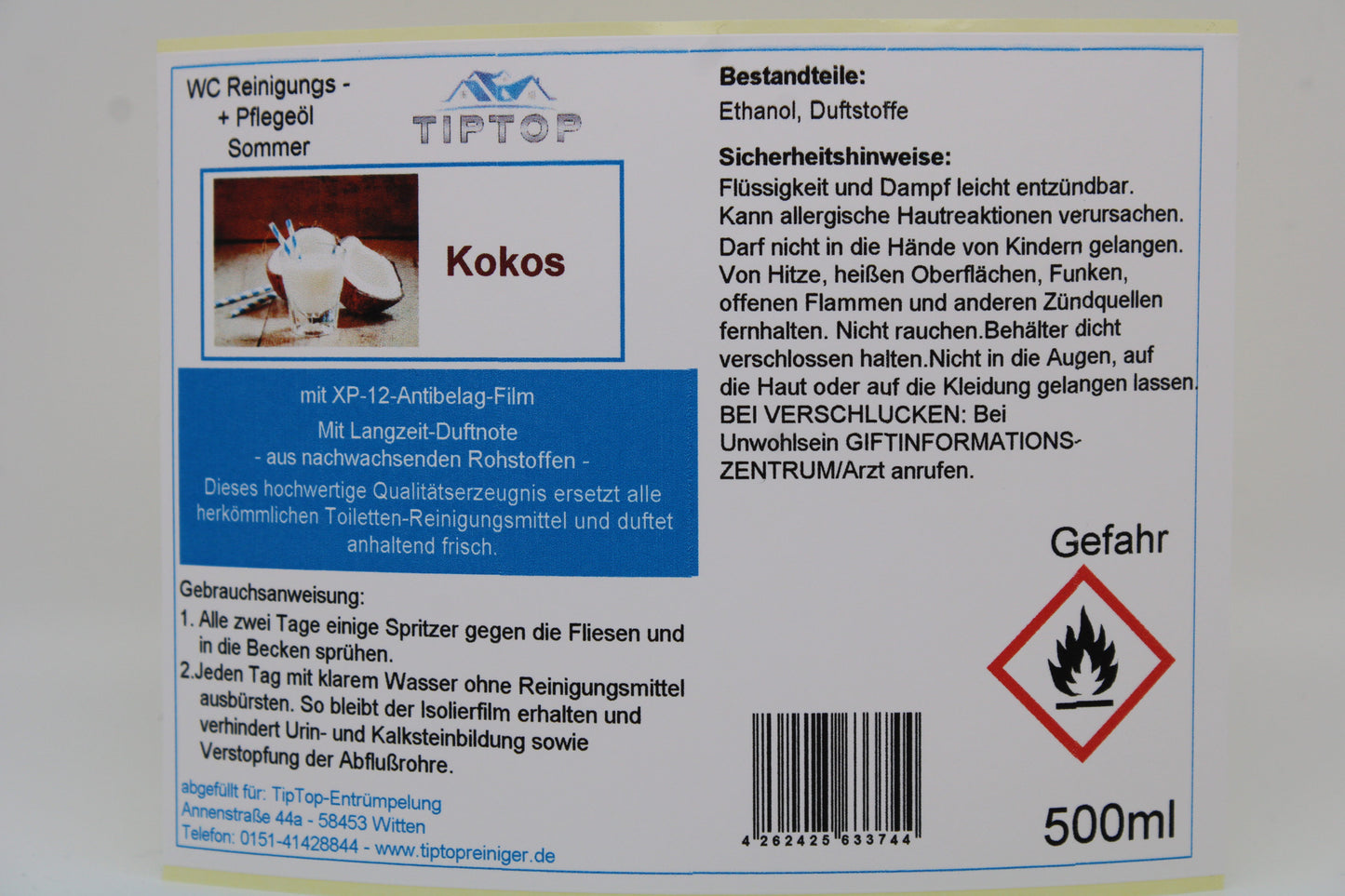TIPTOP WC Reinigungs- und Pflegeöl - Sommer -500 ml - mehrere Duftnoten zur Auswahl