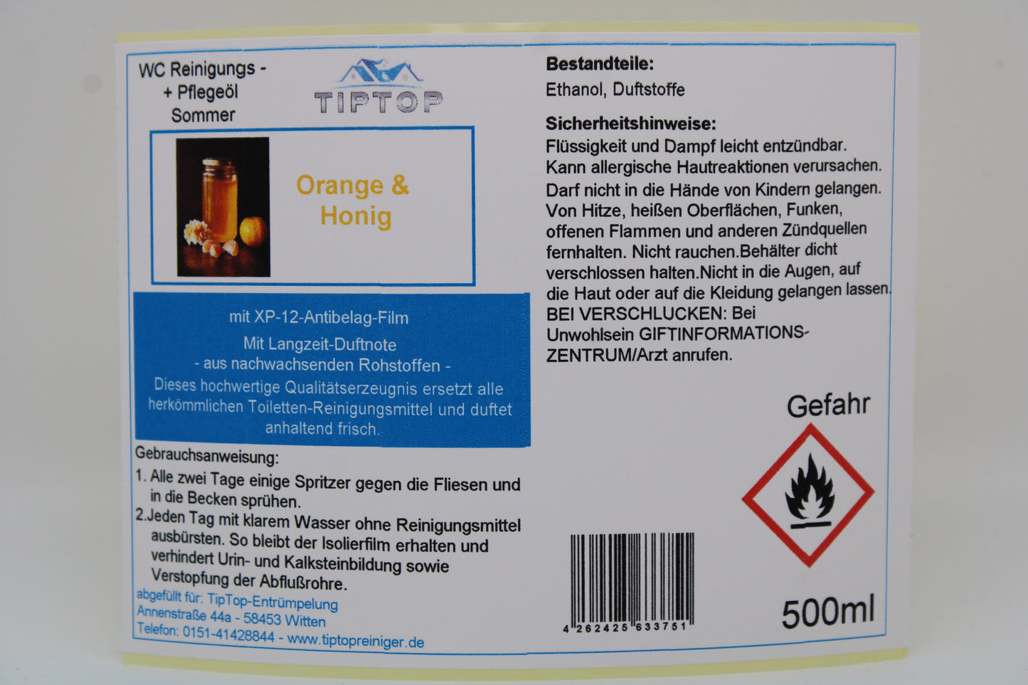TIPTOP WC Reinigungs- und Pflegeöl - Sommer -500 ml - mehrere Duftnoten zur Auswahl