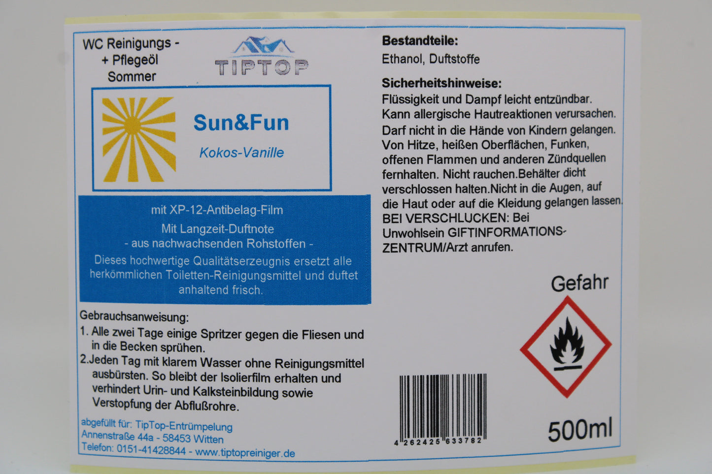 TIPTOP WC Reinigungs- und Pflegeöl - Sommer -500 ml - mehrere Duftnoten zur Auswahl