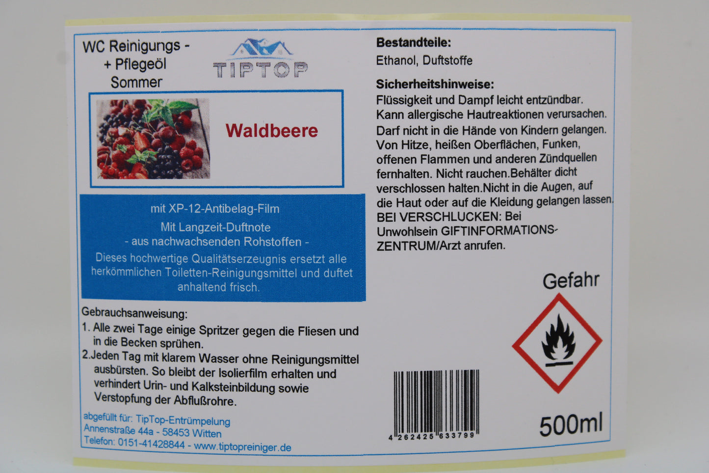 TIPTOP WC Reinigungs- und Pflegeöl - Sommer -500 ml - mehrere Duftnoten zur Auswahl