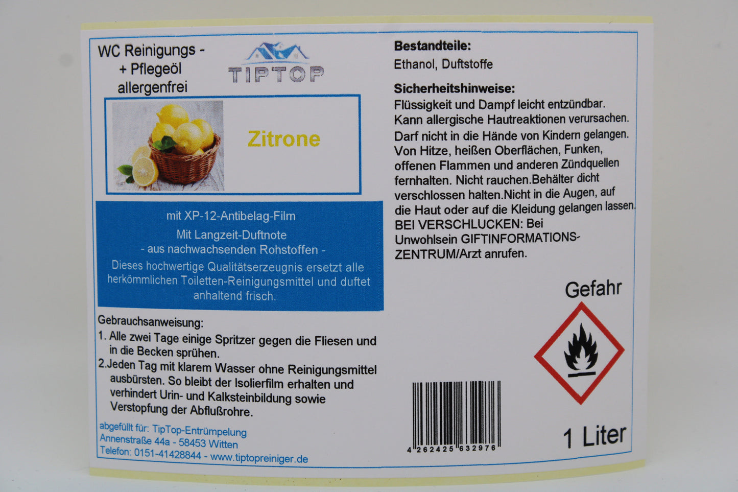 TIPTOP WC Reinigungs- und Pflegeöl - allergenfrei -1 Liter - mehrere Duftnoten zur Auswahl