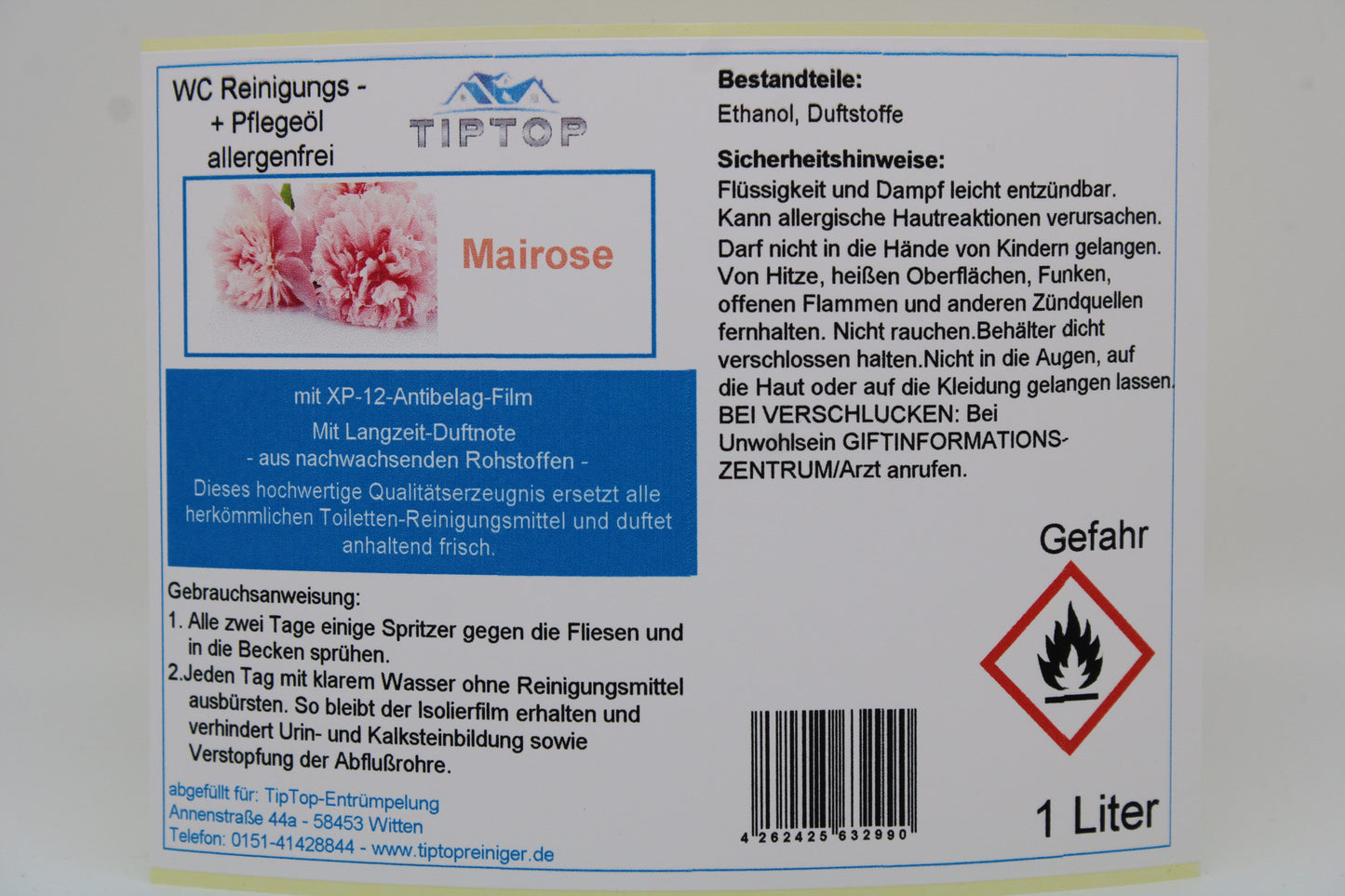 TIPTOP WC Reinigungs- und Pflegeöl - allergenfrei -1 Liter - mehrere Duftnoten zur Auswahl