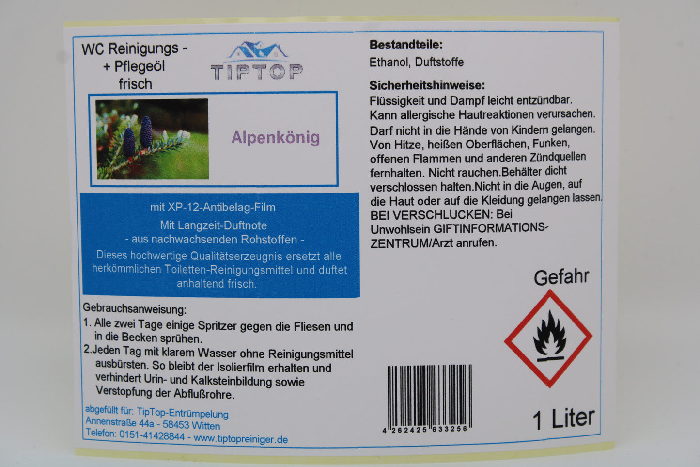 TipTop WC Reinigungs- und Pflegeöl - frisch -1 Liter - mehrere Duftnoten zur Auswahl