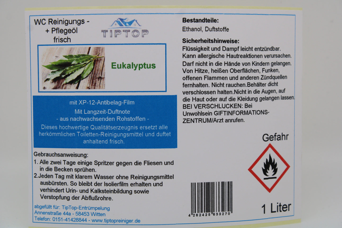 TipTop WC Reinigungs- und Pflegeöl - frisch -1 Liter - mehrere Duftnoten zur Auswahl