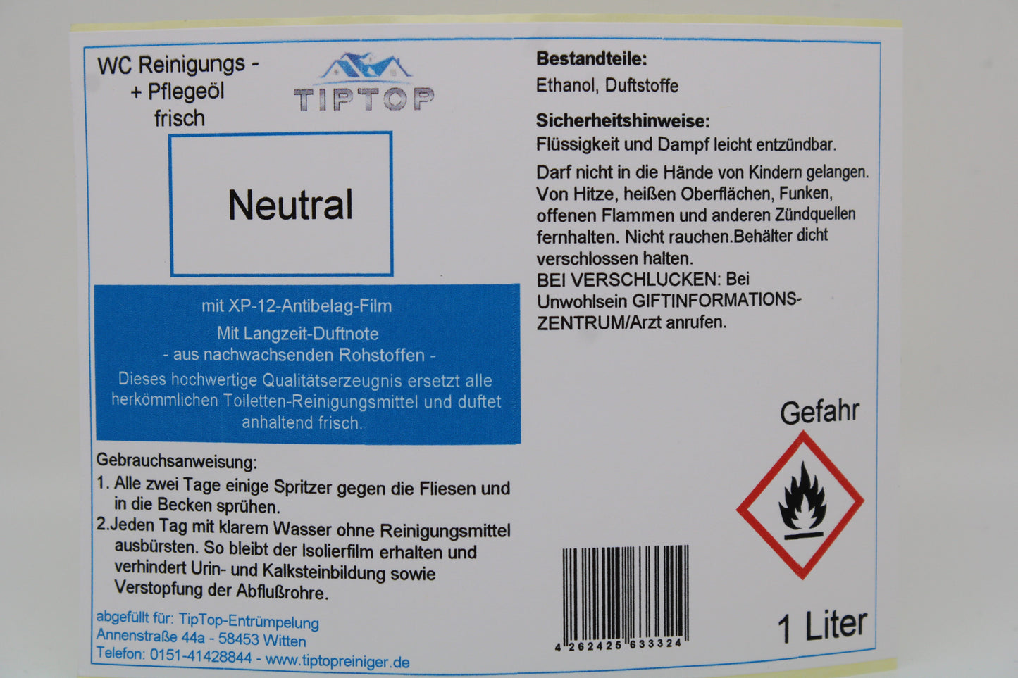 TipTop WC Reinigungs- und Pflegeöl - frisch -1 Liter - mehrere Duftnoten zur Auswahl