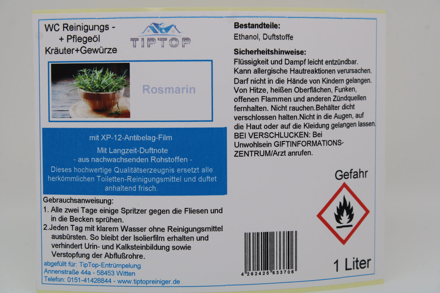 TIPTOP WC Reinigungs- und Pflegeöl - Kräuter und Gewürze -1 Liter - mehrere Duftnoten zur Auswahl