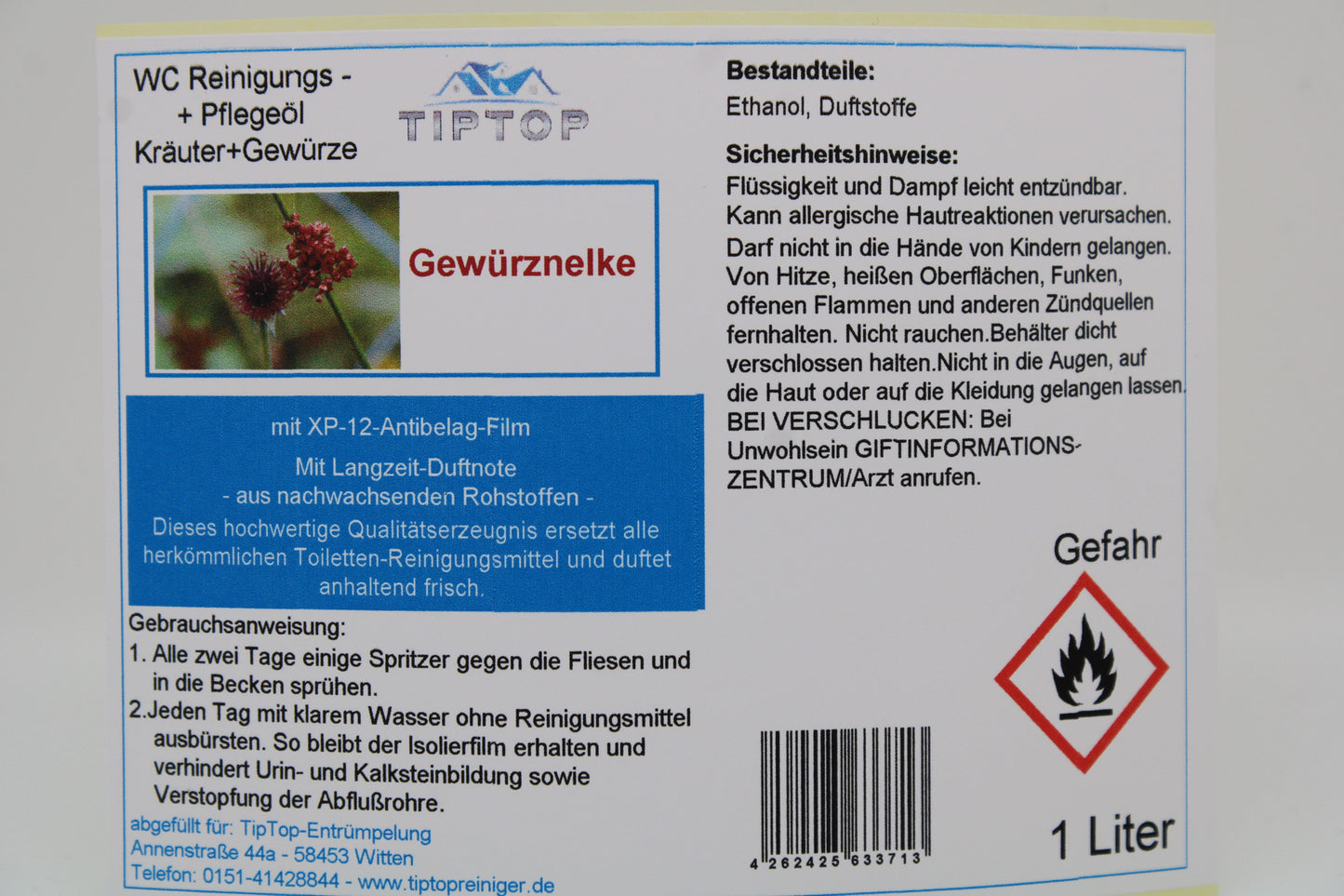 TIPTOP WC Reinigungs- und Pflegeöl - Kräuter und Gewürze -1 Liter - mehrere Duftnoten zur Auswahl