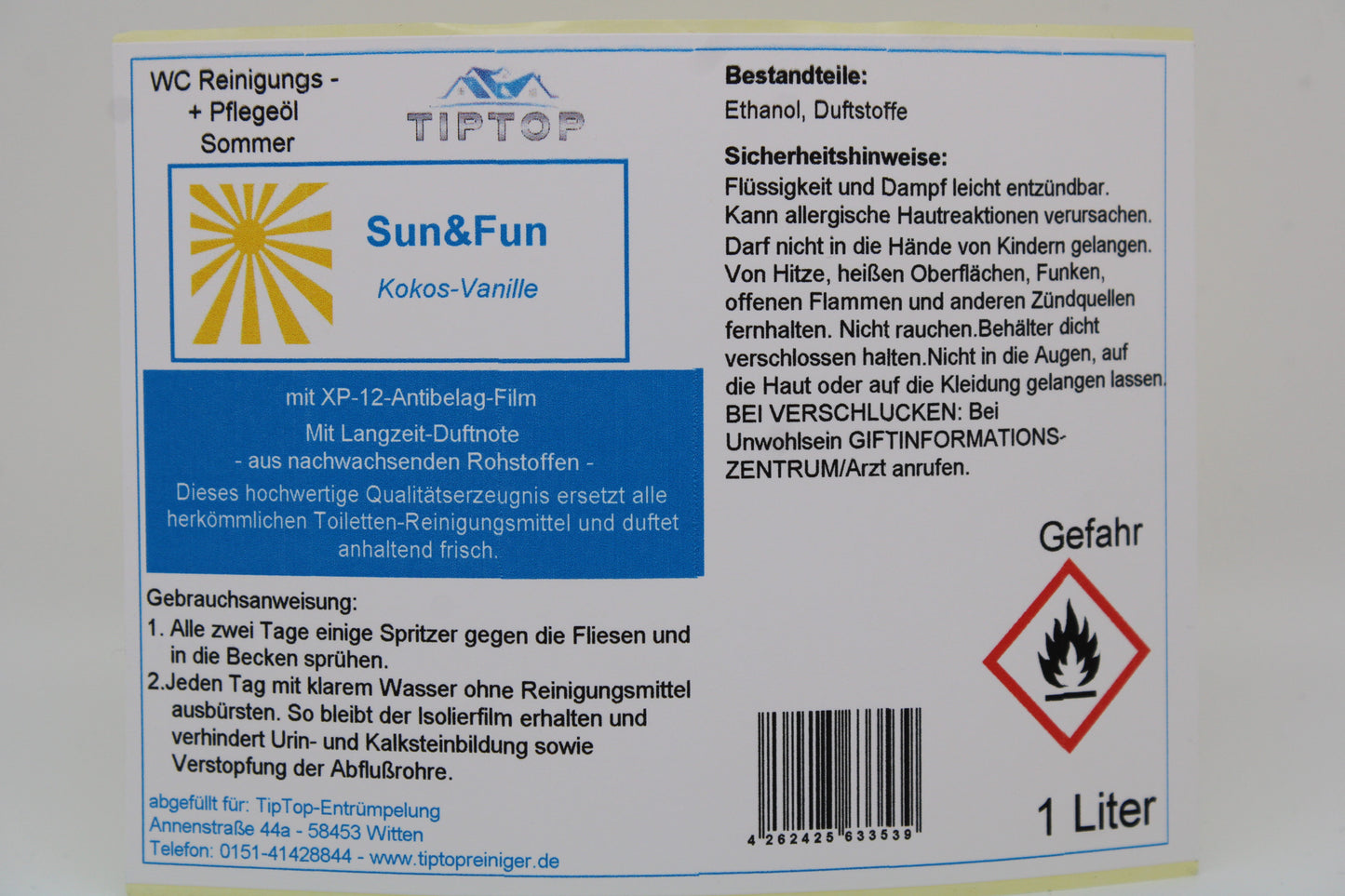 TIPTOP WC Reinigungs- und Pflegeöl - Sommer -1 Liter - mehrere Duftnoten zur Auswahl