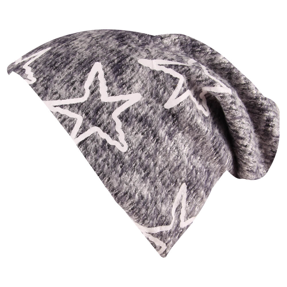 Long Beanie Slouch Mütze grau hellgrau meliert Strickmuster Sterne gefüttert