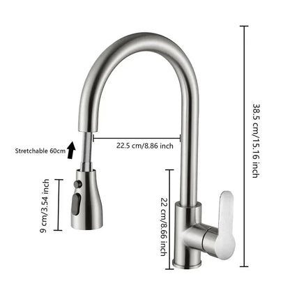 Küchenarmaturen aus Edelstahl 304, herausziehbarer Küchenspüle-Wasserhahn, an Deck montierter Mischer, Stream-Sprühkopf, heiße und kalte Wasserhähne